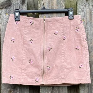 Pink Corduroy Floral Embroidered Zip Front Mini skirt by LA Hearts